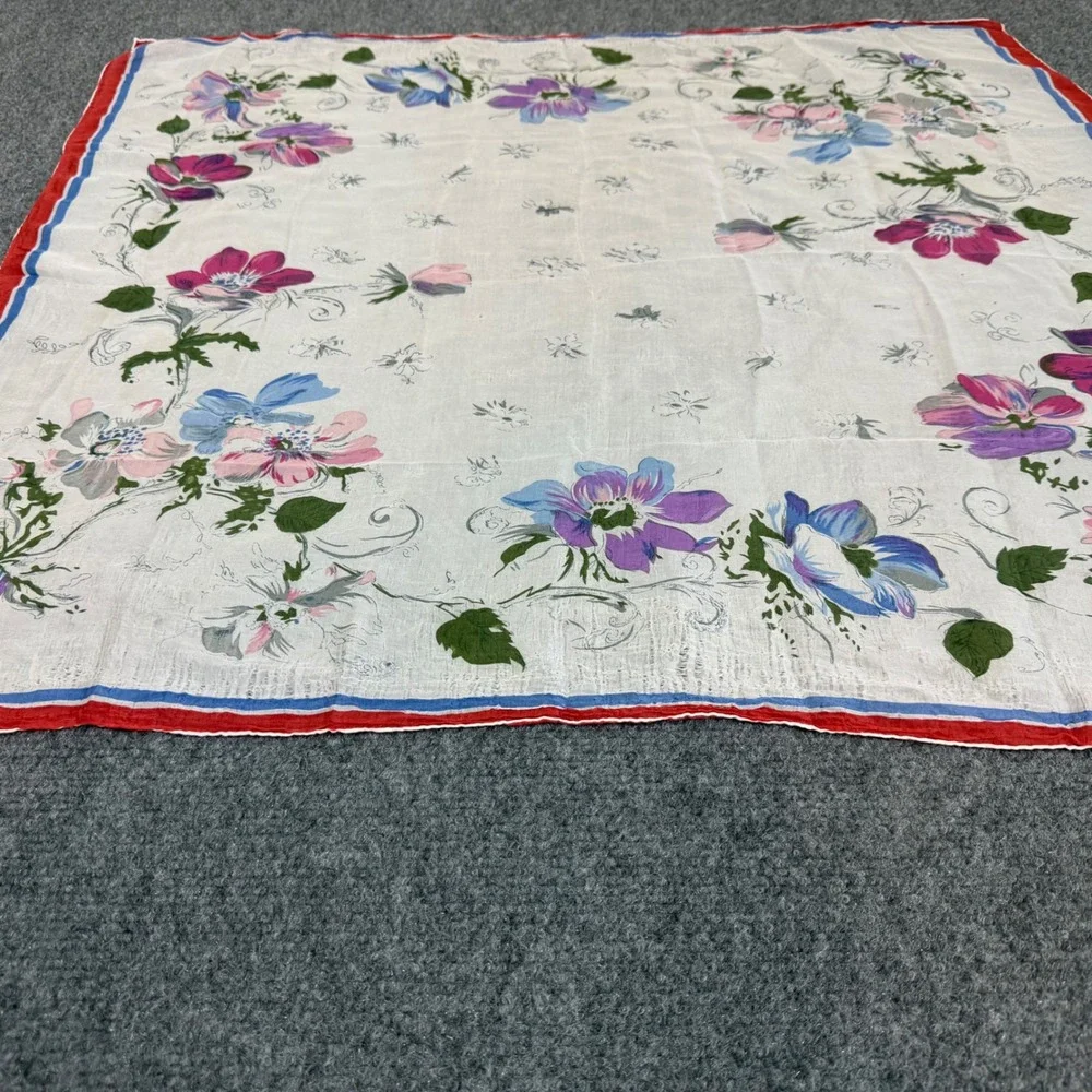 Vintage Floral Handkerchief Scarf White Pink Blue Anemone Flower Red Blue Border